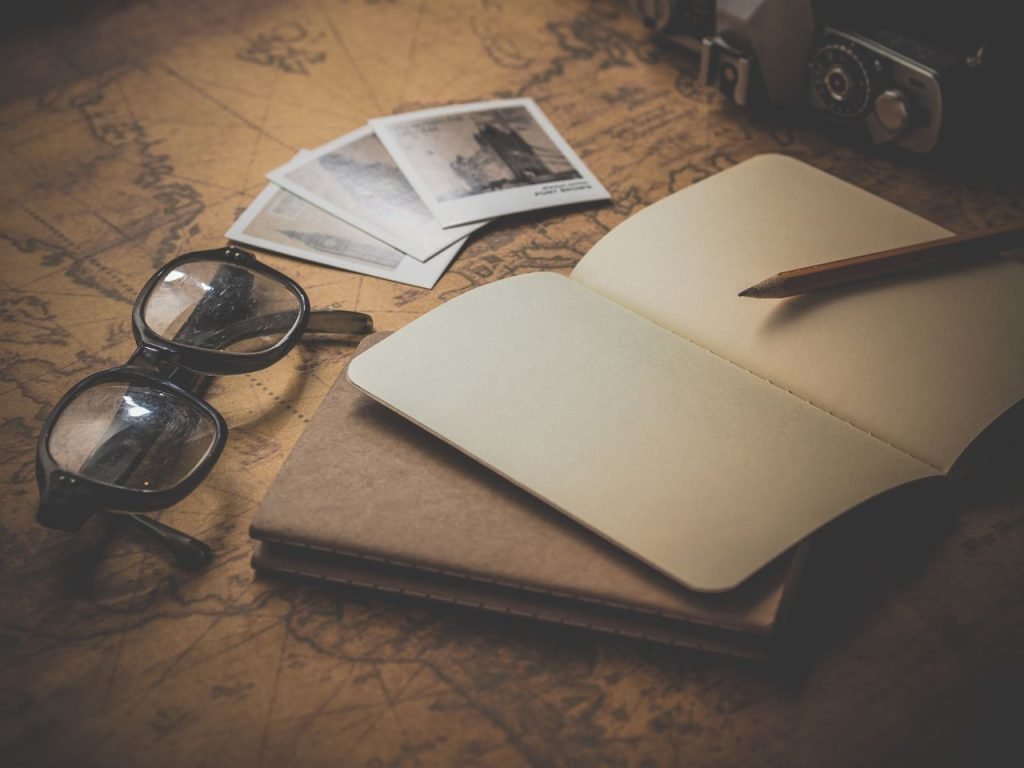 Mastering the First Impression: Your intriguing post title goes here Stylized flat lay of a vintage travel journal with eyeglasses, photos, and a map background.